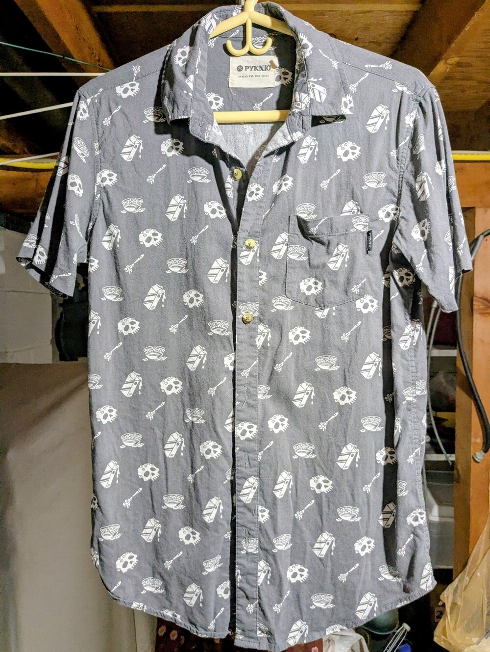 Pyknic Gray (size small) Short-Sleeve Printed Button-Up Shirt, "Cereal Killer"